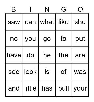 Heart Word Bingo Card