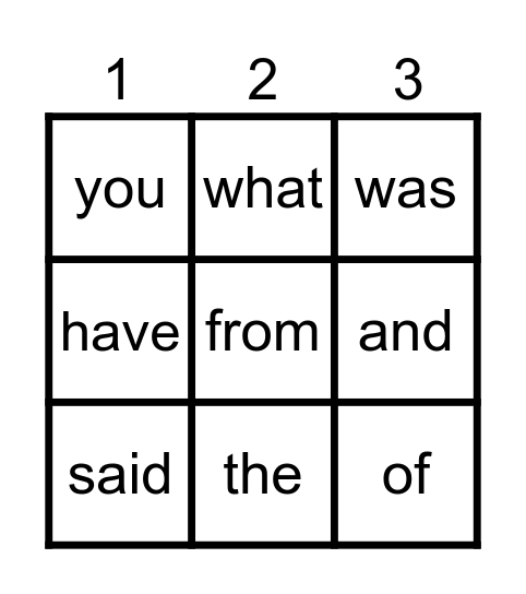 Heart Word Bingo Card