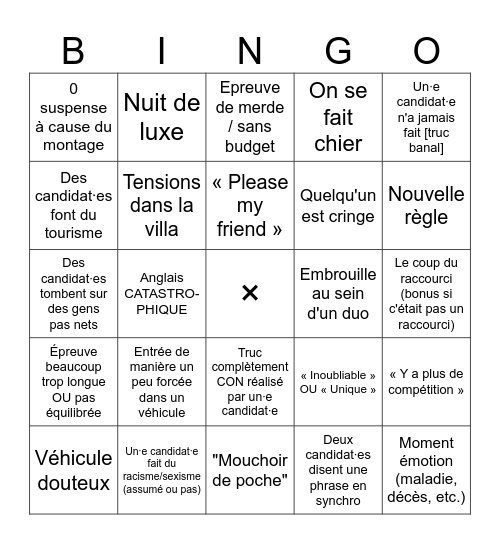 Pékin Express Bingo Card