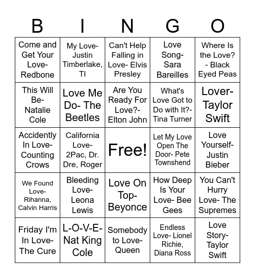 Feel The Love Bingo Card