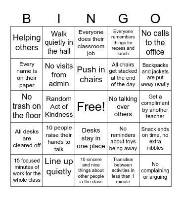 Calm Classroom Bingo Card