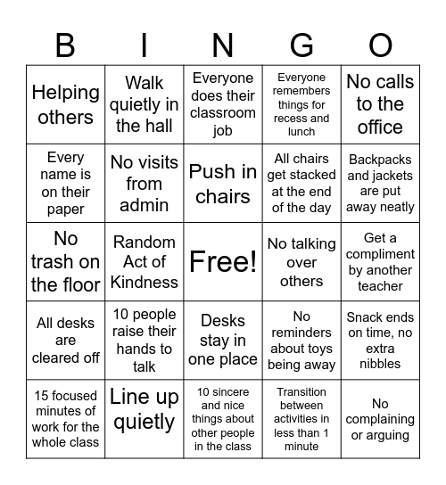 Calm Classroom Bingo Card