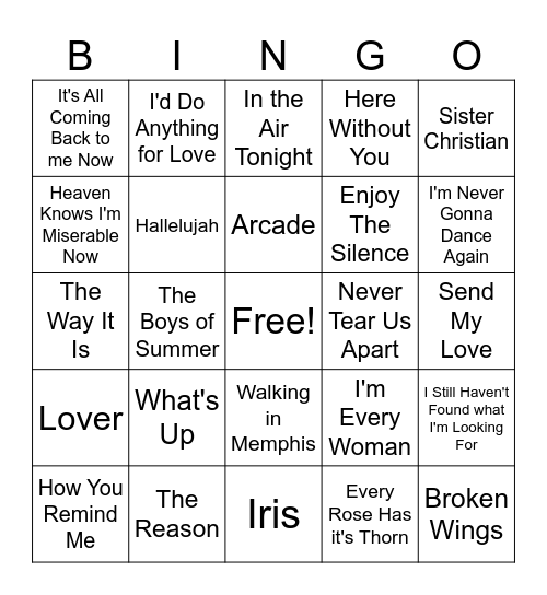Power Ballads Bingo Card
