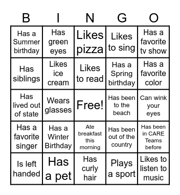 Ice Breaker/Get to Know Each Other Bingo Card