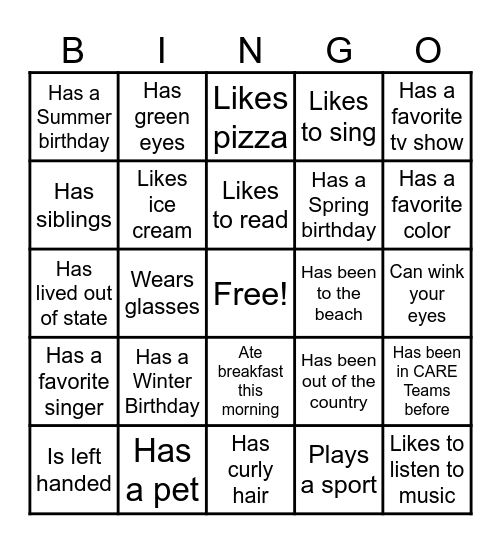 Ice Breaker/Get to Know Each Other Bingo Card