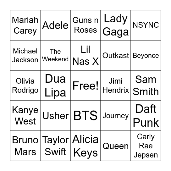 Music Artist Bingo Card