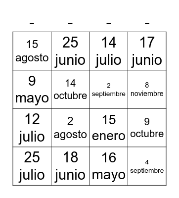 Mi cumpleaños es el ___ de _____ Bingo Card