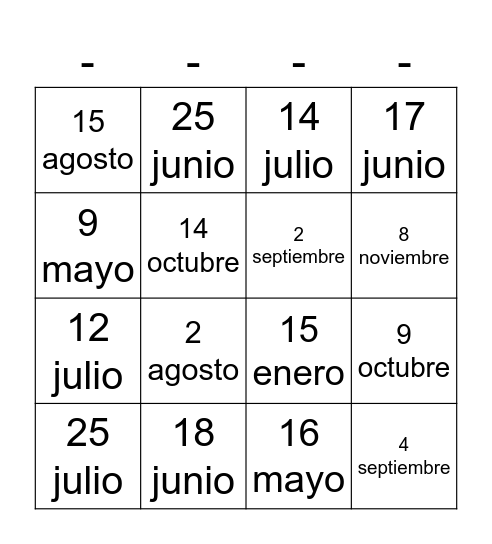 Mi cumpleaños es el ___ de _____ Bingo Card