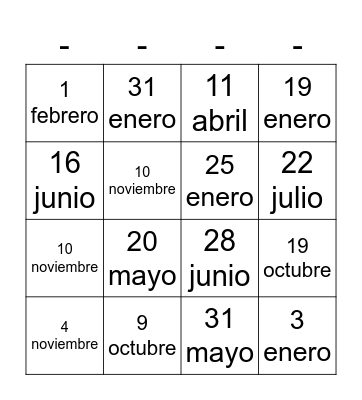 Mi cumpleaños es el ___ de _____ Bingo Card