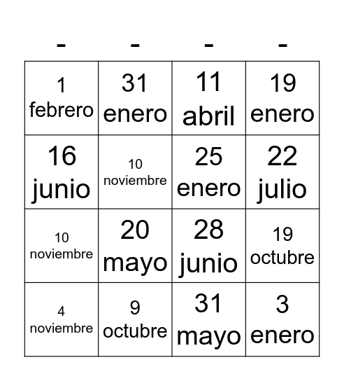 Mi cumpleaños es el ___ de _____ Bingo Card