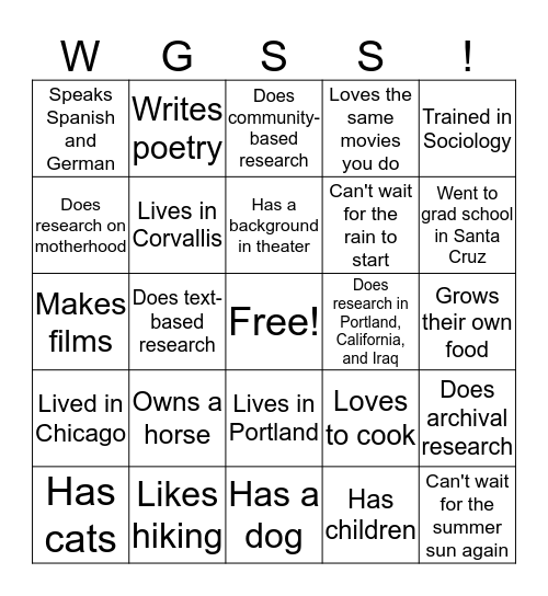 WGSS BINGO! Bingo Card