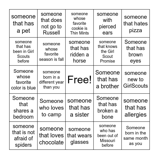 Girl Scouts Bingo Card