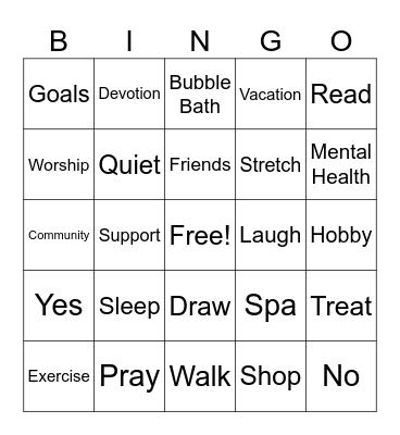 Healthy Girl Bingo Card