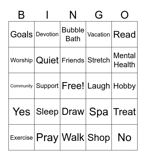 Healthy Girl Bingo Card