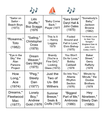 "YACHT" ROCK Bingo Card