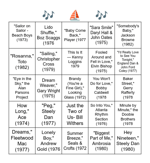 "YACHT" ROCK Bingo Card
