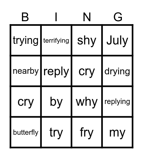 words with igh sound spelt y Bingo Card
