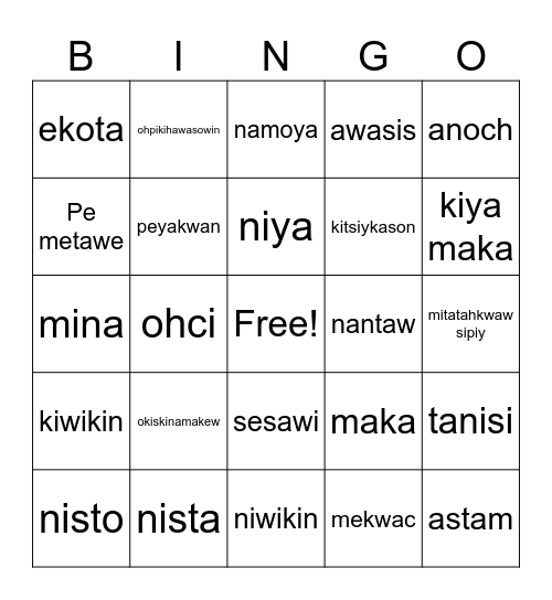Cree Dialogue Bingo Card
