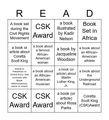 Black History Month/CSK Award Reading Bingo Card