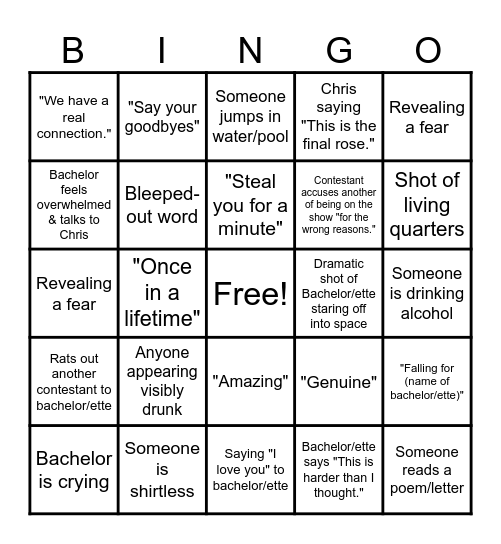 Bachelor Bingo Card