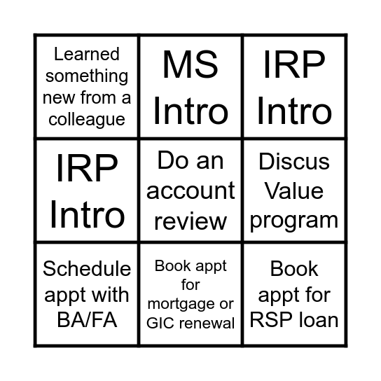 Investment Season Bingo Card