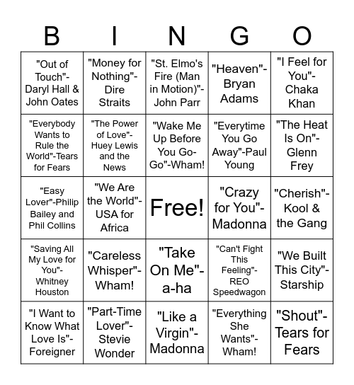 1985 Classics Bingo Card