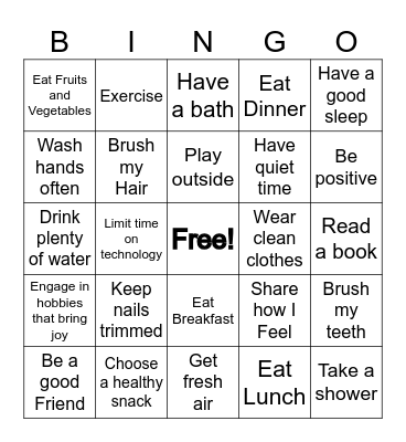Healthy Habits Bingo Card