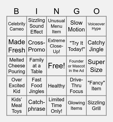 Fast Food Commercial Bingo Card