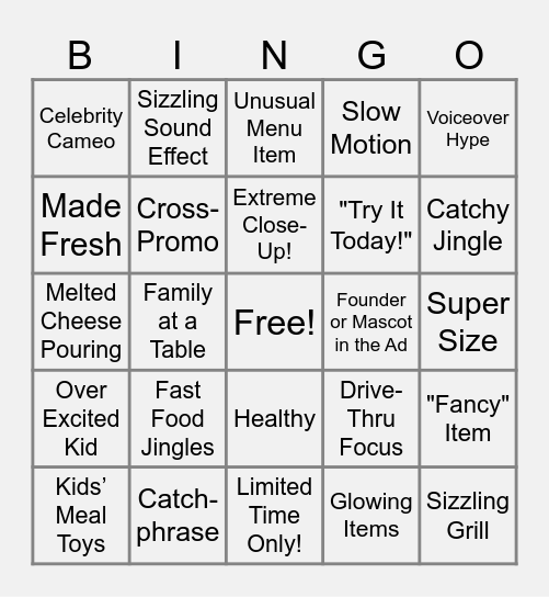 Fast Food Commercial Bingo Card
