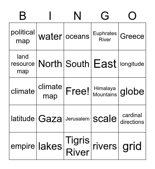 Ancient Civilization/Map Vocabulary Bingo Card