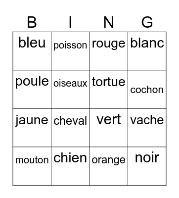 French Animals and Colors Bingo Card