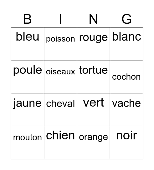 French Animals and Colors Bingo Card