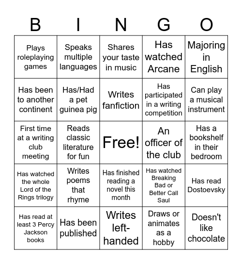 Writing Club Bingo! Bingo Card