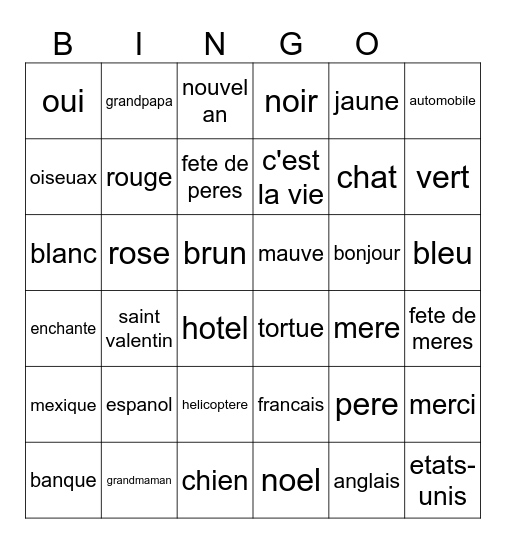 French Bingo Card