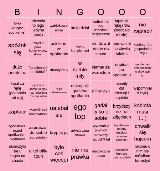 TINDEROWE BINGO SPOTKANIOWE Bingo Card