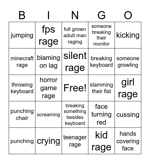 gamer rage Bingo Card