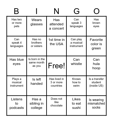 International Student Orientation Bingo Card