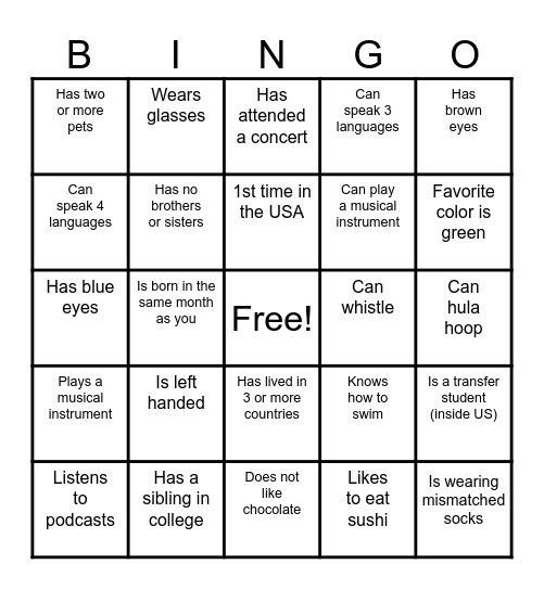 International Student Orientation Bingo Card