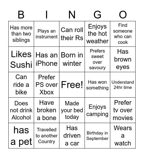 Get to know you Bingo Card
