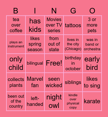 GETTING TO KNOW EACHOTHER Bingo Card