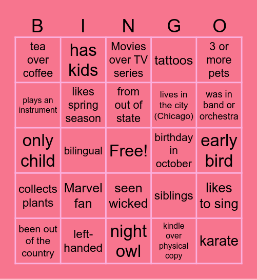 GETTING TO KNOW EACHOTHER Bingo Card