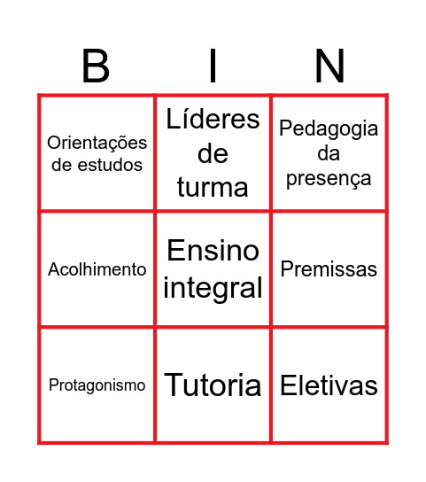 Bingo do Programa Ensino Integral Bingo Card