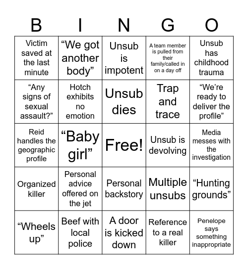 Criminal Minds Bingo Card