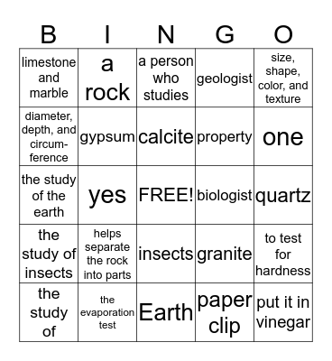 Earth Materials Bingo Card