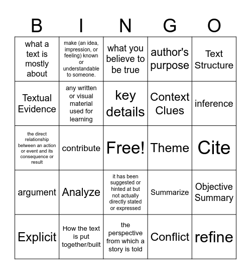 Academic Vocabulary Bingo Card