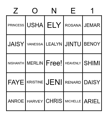 Zone 1 Bingo Time Bingo Card