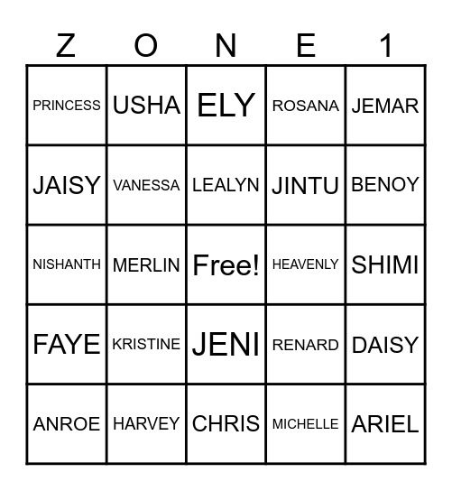 Zone 1 Bingo Time Bingo Card