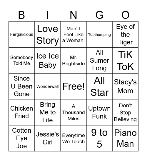 Songs That Get White People Excited Bingo Card