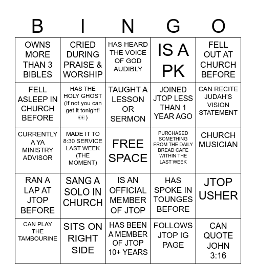 JTOP YA MINISTRY BINGO Card
