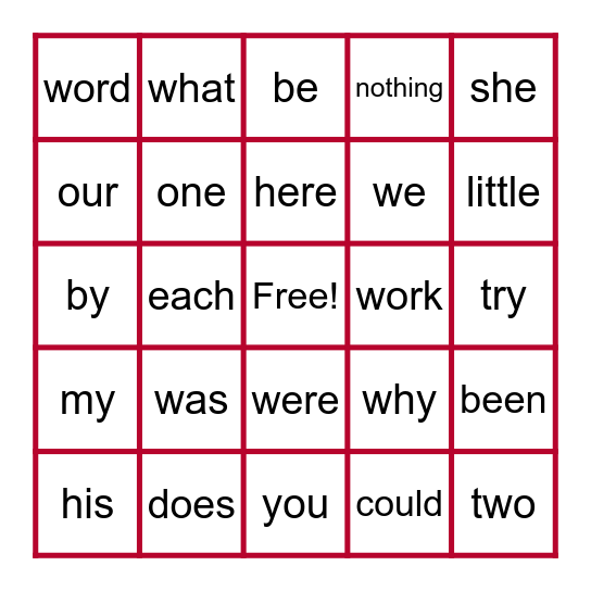 Trick Word Bingo Card